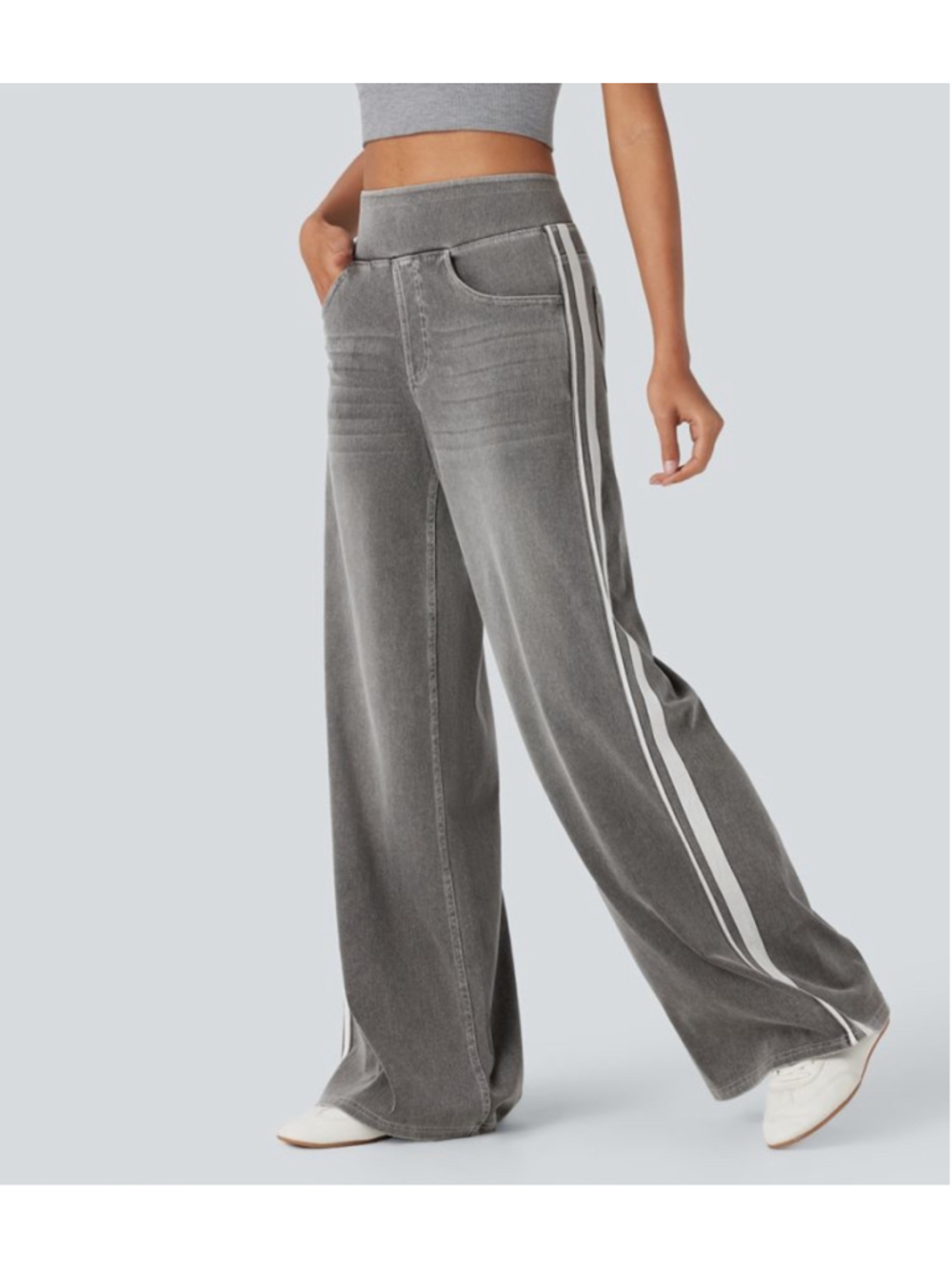 Halara Flex Gray Wide Leg Denim Pants Side Stripe Stretch High Waist Med NWT